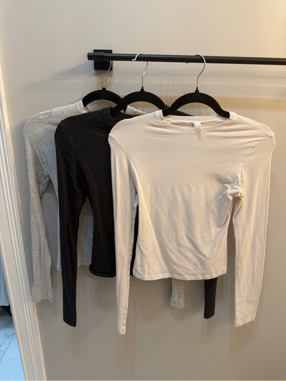 SKIMS Long-Sleeve Crew Neck Trio — Cream, Black & Light Gray
